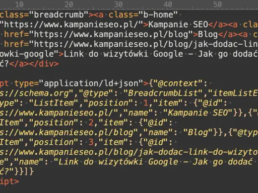 Fragment kodu HTML z linkami do nawigacji (breadcrumbs) i danymi strukturalnymi. Kodowanie HTML.