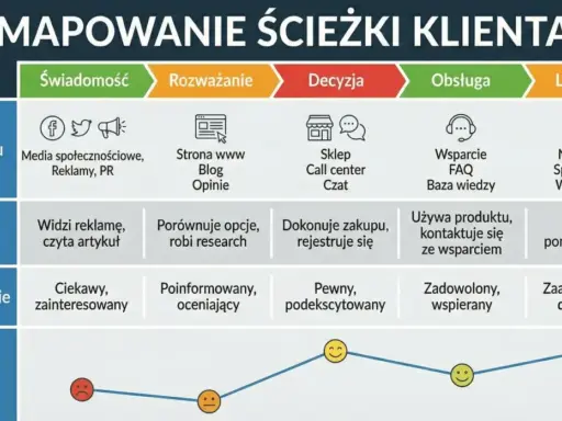 Mapa ścieżki klienta: od świadomości po lojalność, pokazująca punkty styku, działania, doświadczenia i emocje. Kluczowe dla badania potrzeb klienta.