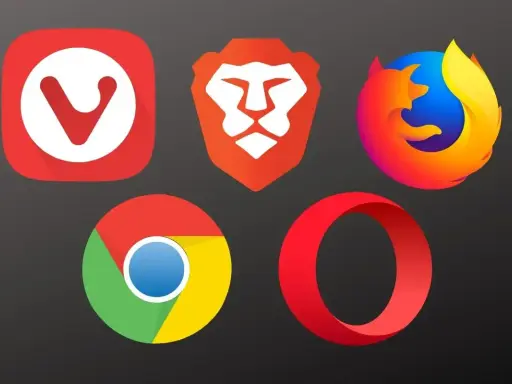 Ikony popularnych przeglądarek internetowych: Vivaldi, Brave, Firefox, Chrome i Opera.