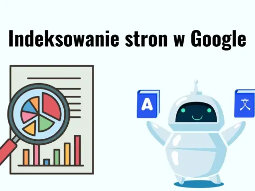Grafika ilustruje indeksowanie stron w Google. Widoczny robot trzyma książki z literą "A" i chińskim znakiem. Obok wykresy i lupa.