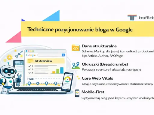 Grafika przedstawia kluczowe elementy technicznego pozycjonowania bloga w Google: dane strukturalne, okruszki, Core Web Vitals i mobile-first.