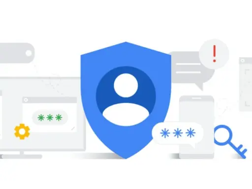 Bezpieczeństwo danych i personalizacja reklam Google. Tarcza chroni dane, klucz otwiera dostęp, a ikony symbolizują hasła i urządzenia.