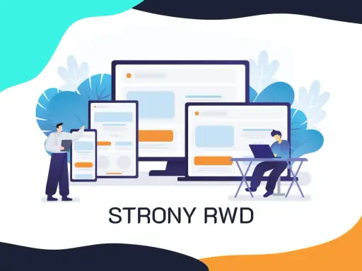 Ilustracja pokazuje projektowanie stron RWD. Widzimy ekrany różnych urządzeń i ludzi pracujących nad nimi.