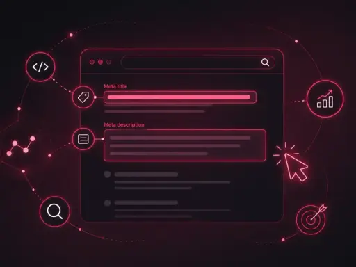 Optymalizacja SEO: pole na meta title, meta description, ikony kodu, tagów, wykresów i wyszukiwania.