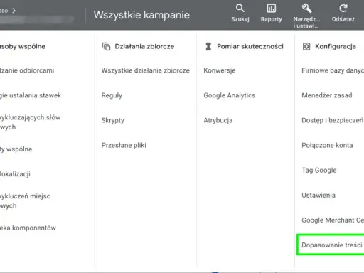 Panel Google Ads z opcją "Dopasowanie treści" jako nowością.