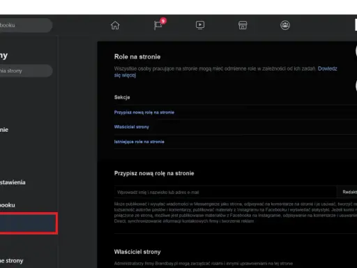 Jak dodać administratora do strony FB? Ustawienia strony, sekcja "Role na stronie" pozwala przypisać nowe role, np. administratora.