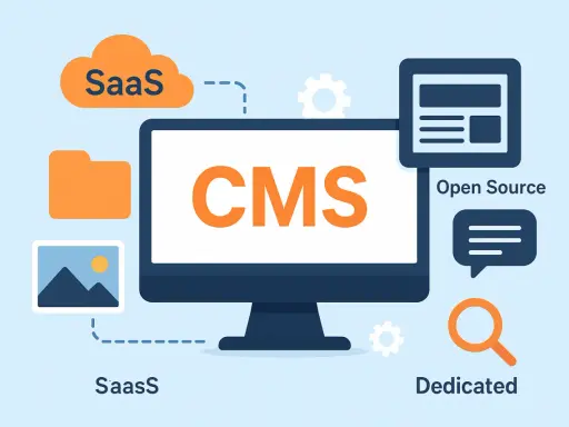 Grafika wyjaśnia, cms co to: systemy SaaS, Open Source i Dedicated. Komputer z napisem CMS w centrum.