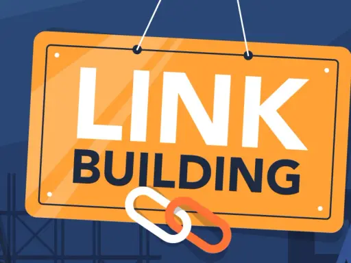 Tablica z napisem "LINK BUILDING" i symbolem łańcucha. Kluczowy element strategii seo backlink.