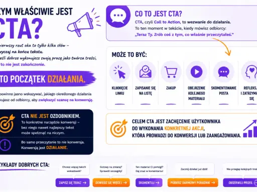 CTA to wezwanie do działania, przykład tekstu reklamowego. Zachęca do konkretnej akcji, np. zapisu, zakupu, komentarza.