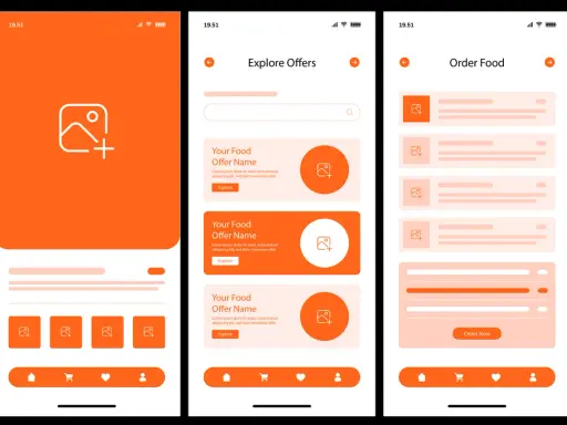 Projekt aplikacji mobilnej z pomarańczowymi elementami, prezentujący ekrany "Explore Offers" i "Order Food". Dobry ux design ułatwia przeglądanie ofert.