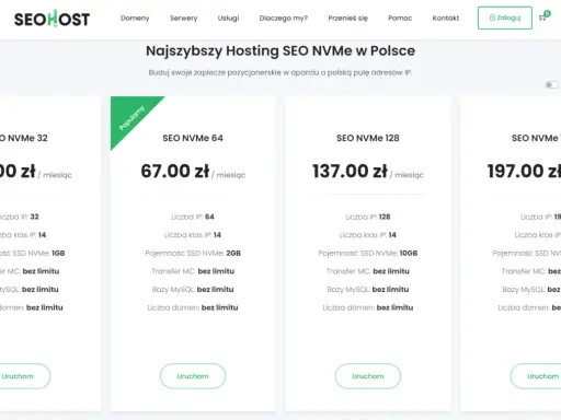Oferty hostingu SEO NVMe: 32 IP za 40 zł, 64 IP za 67 zł, 128 IP za 137 zł, 192 IP za 197 zł miesięcznie.
