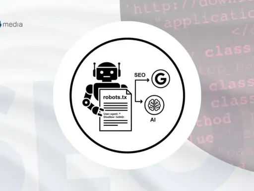 Grafika przedstawia robota trzymającego plik robots.txt, który wpływa na SEO i AI.