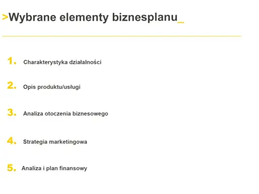 Kluczowe elementy biznesplanu: charakterystyka działalności, opis produktu/usługi, analiza otoczenia, strategia marketingowa i analiza finansowa.