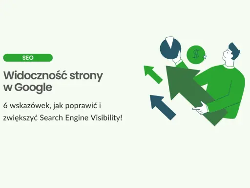 Grafika ilustruje wzrost widoczności strony w Google dzięki optymalizacji SEO. Mężczyzna trzyma wykres i strzałki wskazujące na sukces, co odzwierciedla działanie algorytmu Google.