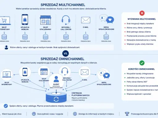 Omnichannel co to? Porównanie sprzedaży multichannnel (niezależne kanały) i omnichannel (zintegrowane kanały) dla spójnego doświadczenia klienta.
