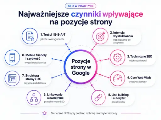 Najważniejsze czynniki wpływające na pozycje strony w Google, od treści po linkowanie. To klucz do zrozumienia najczęstszych wyszukiwań Google.