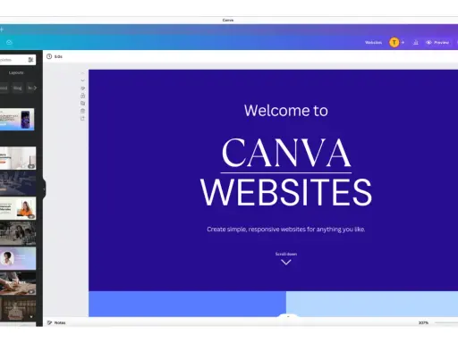 Interfejs edytora **Canva strona internetowa** z widokiem szablonów i ekranem powitalnym "Welcome to Canva Websites".
