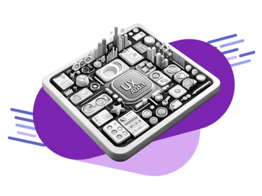 Złożony panel z ikonami i napisem "UX Audit" symbolizuje kompleksową analizę web usability.