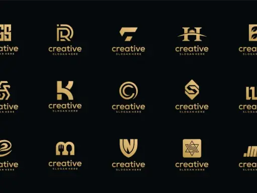 Złote, nowoczesne logo na czarnym tle. Kolekcja zawiera różne projekty, od liter po abstrakcyjne kształty, wszystkie z napisem "creative".