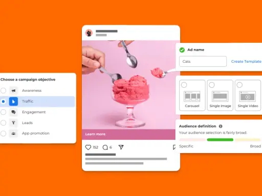 Tworzenie kampanii reklamowej: wybór celu "Traffic", nazwa "Cats", format "Single Image". To klucz do skutecznego marketing doświadczeń.