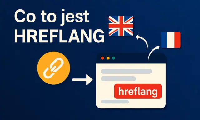 Co to jest HREFLANG? Ikona łącza prowadzi do okna przeglądarki z tekstem "hreflang". Flagi UK i Francji sugerują tłumaczenie.