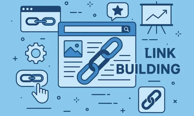 Grafika ilustruje strategię link buildingu: ikony linków, wyszukiwarki, wykresów i narzędzi SEO.