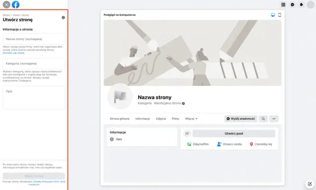 Tworzenie strony na FB: wpisz nazwę, kategorię i opis. Po utworzeniu strony możesz ją udostępnić.