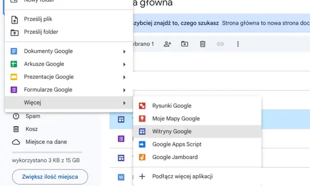 Tworzenie witryny Google jest łatwe. Menu pokazuje opcje, w tym "Witryny Google", do tworzenia stron.