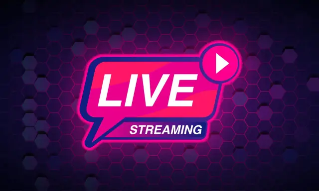 Neonowy napis LIVE STREAMING z ikoną play na tle heksagonalnej siatki. To jest to, co oznacza live streaming.