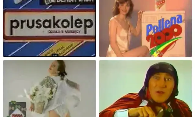 Kolaż reklam: "Prusakolep" - pierwsza reklama w Polsce, kobieta z proszkiem Pollena 2000, reklama podpasek Nana, mężczyzna w stroju ludowym.
