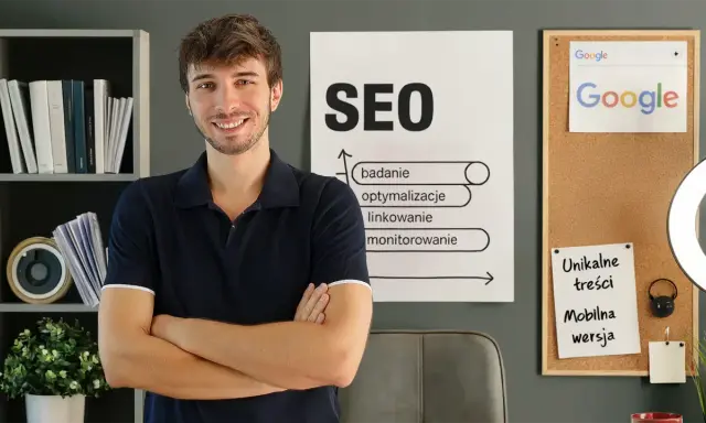 Uśmiechnięty mężczyzna prezentuje podstawy SEO: badanie, optymalizacje, linkowanie, monitorowanie. Na tablicy korkowej logo Google i notatki.