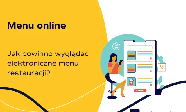Grafika pokazuje, jak dodać menu na FB. Kobieta przegląda elektroniczne menu restauracji na telefonie.