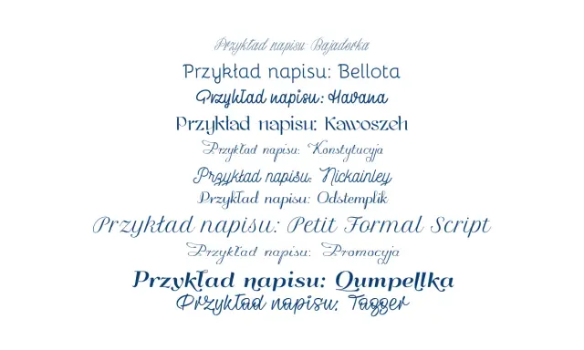 Przykłady napisów w różnych stylach, pokazujące darmowe fonty z polskimi znakami.