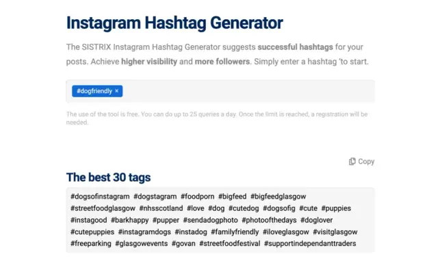 Generator hashtagów na Insta. Sugeruje popularne hashtagi, np. #dogfriendly, #dogsofinstagram, #cute. Pomaga zwiększyć zasięg postów.