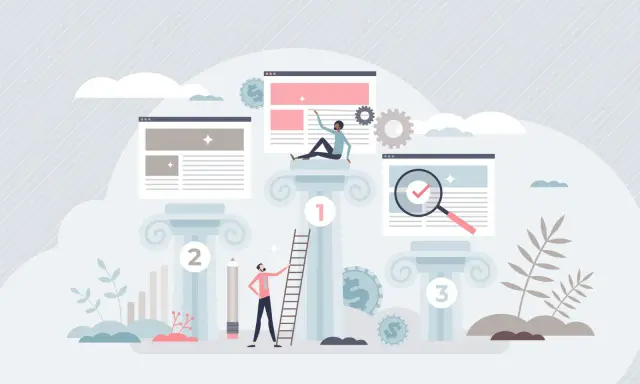 Ilustracja przedstawia proces poprawy **page rank**. Ludzie wspinają się po drabinie, analizują strony internetowe i pracują nad optymalizacją.