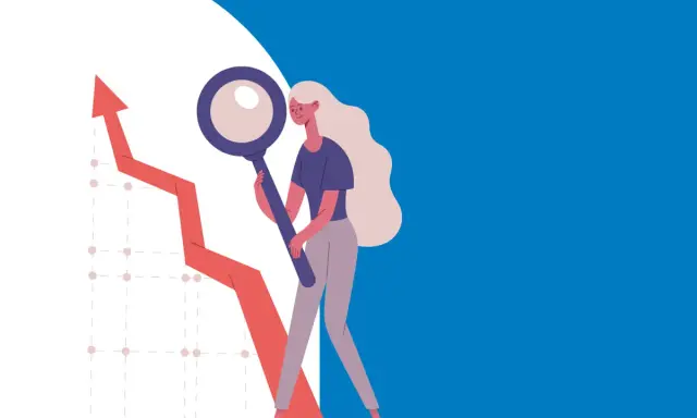 Kobieta z lupą analizuje wykres wzrostu. To ilustracja pokazująca, czym jest benchmarking i jak pomaga w analizie danych.