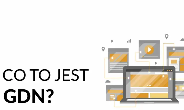 Co to jest GDN? Grafika przedstawia laptopa i ekrany z elementami interfejsu, symbolizujące sieć reklamową.