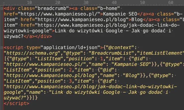 Fragment kodu HTML z linkami do nawigacji (breadcrumbs) i danymi strukturalnymi. Kodowanie HTML.