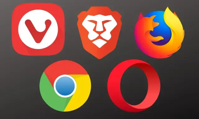 Ikony popularnych przeglądarek internetowych: Vivaldi, Brave, Firefox, Chrome i Opera.