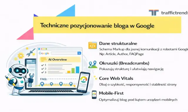 Grafika przedstawia kluczowe elementy technicznego pozycjonowania bloga w Google: dane strukturalne, okruszki, Core Web Vitals i mobile-first.