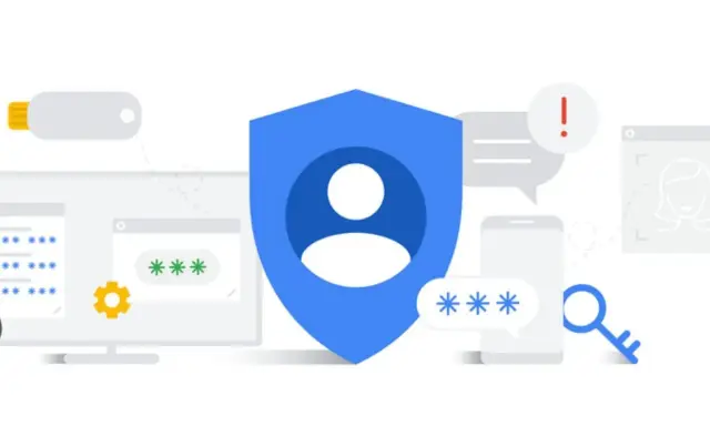 Bezpieczeństwo danych i personalizacja reklam Google. Tarcza chroni dane, klucz otwiera dostęp, a ikony symbolizują hasła i urządzenia.