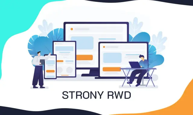 Ilustracja pokazuje projektowanie stron RWD. Widzimy ekrany różnych urządzeń i ludzi pracujących nad nimi.