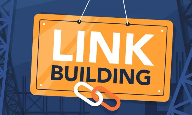 Tablica z napisem "LINK BUILDING" i symbolem łańcucha. Kluczowy element strategii seo backlink.