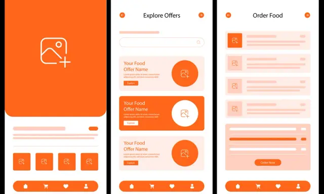 Projekt aplikacji mobilnej z pomarańczowymi elementami, prezentujący ekrany "Explore Offers" i "Order Food". Dobry ux design ułatwia przeglądanie ofert.