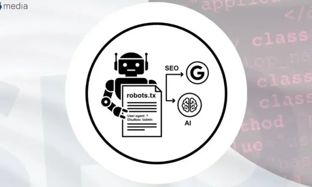 Grafika przedstawia robota trzymającego plik robots.txt, który wpływa na SEO i AI.