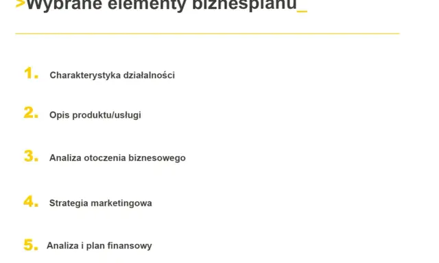 Kluczowe elementy biznesplanu: charakterystyka działalności, opis produktu/usługi, analiza otoczenia, strategia marketingowa i analiza finansowa.