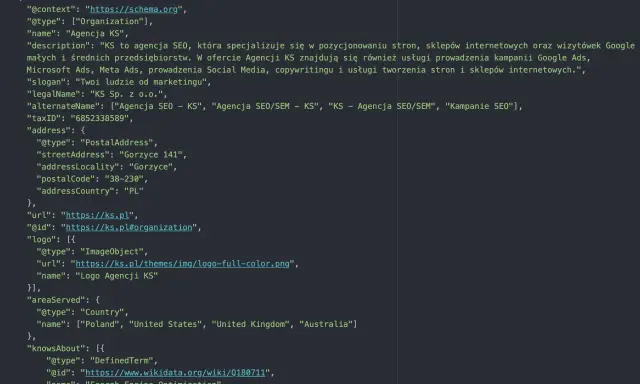 Kod JSON z danymi strukturalnymi Google dla Agencji KS, specjalizującej się w SEO i SEM.