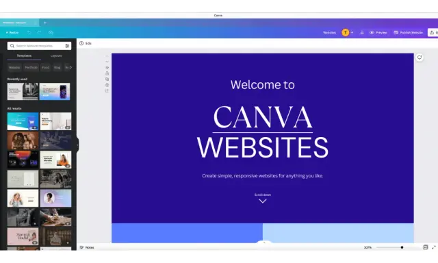 Interfejs edytora **Canva strona internetowa** z widokiem szablonów i ekranem powitalnym "Welcome to Canva Websites".
