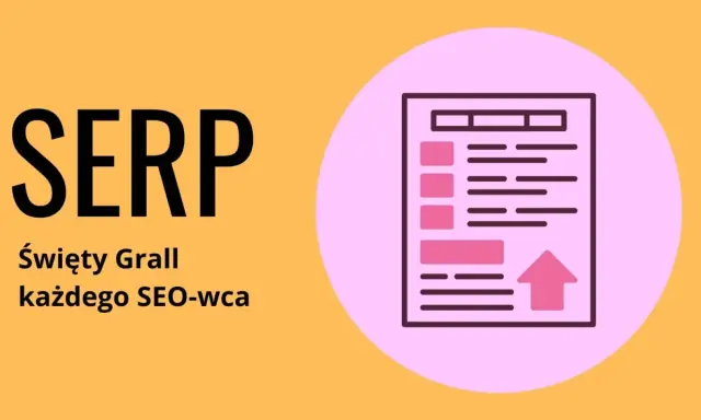 SERP, czyli wyniki wyszukiwania, to Święty Graal każdego SEO-wca. Grafika przedstawia listę wyników z ikoną strzałki w górę.