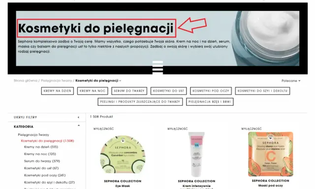 Nagłówek "Kosmetyki do pielęgnacji" zaprasza do odkrycia produktów do kompleksowej troski o cerę.